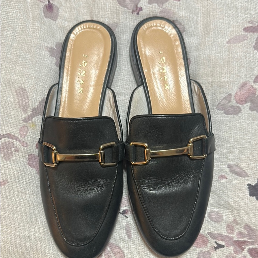 Leather Backless Mules with Gold Bit - Black